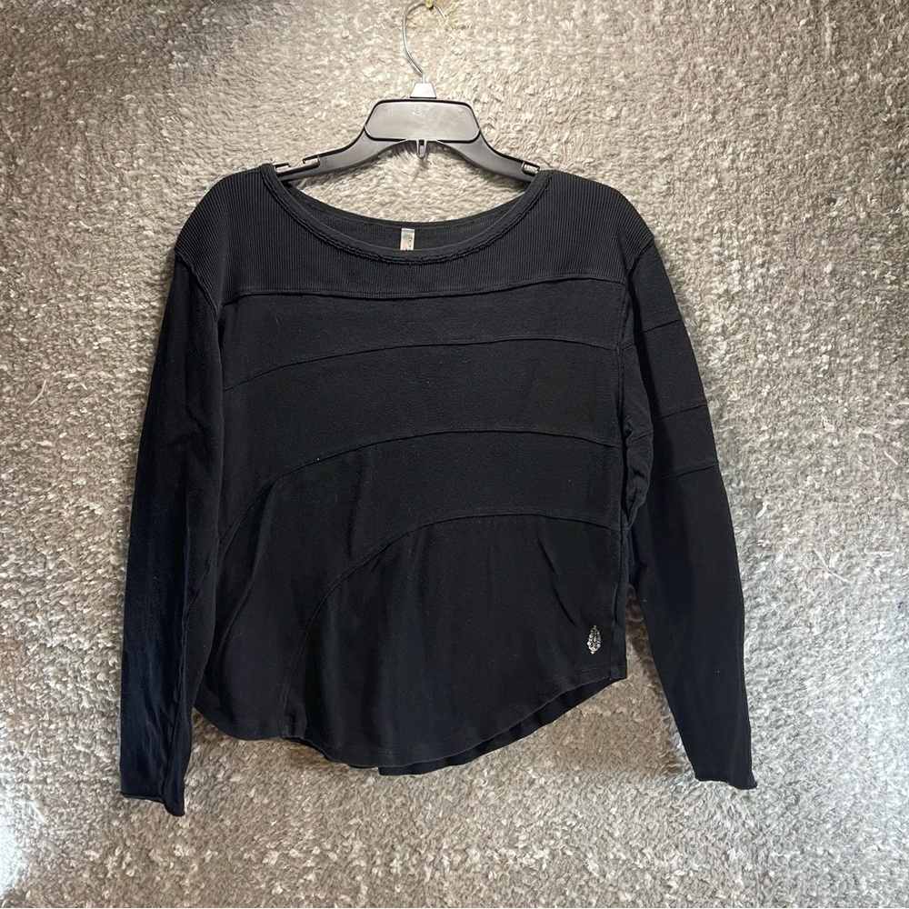 FP Movement Long Sleeve Top Black Medium Boxy Round Hem Ribbed
